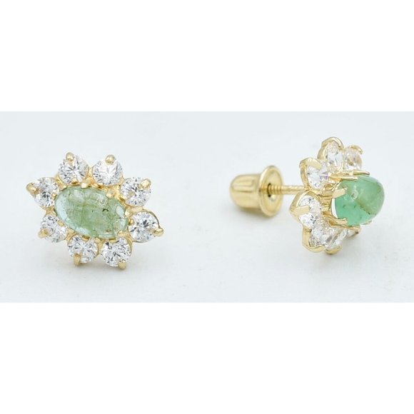 Genuine 0.58 Cts Emeralds & White Sapphire Stud Earrings 14k Gold